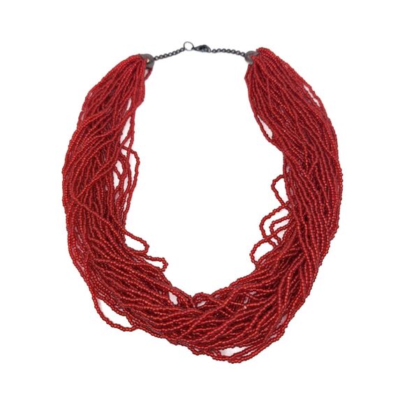 Red Seed Bead Layered Statement Necklace 21", Bold & Heavy Design - Picture 6 of 13